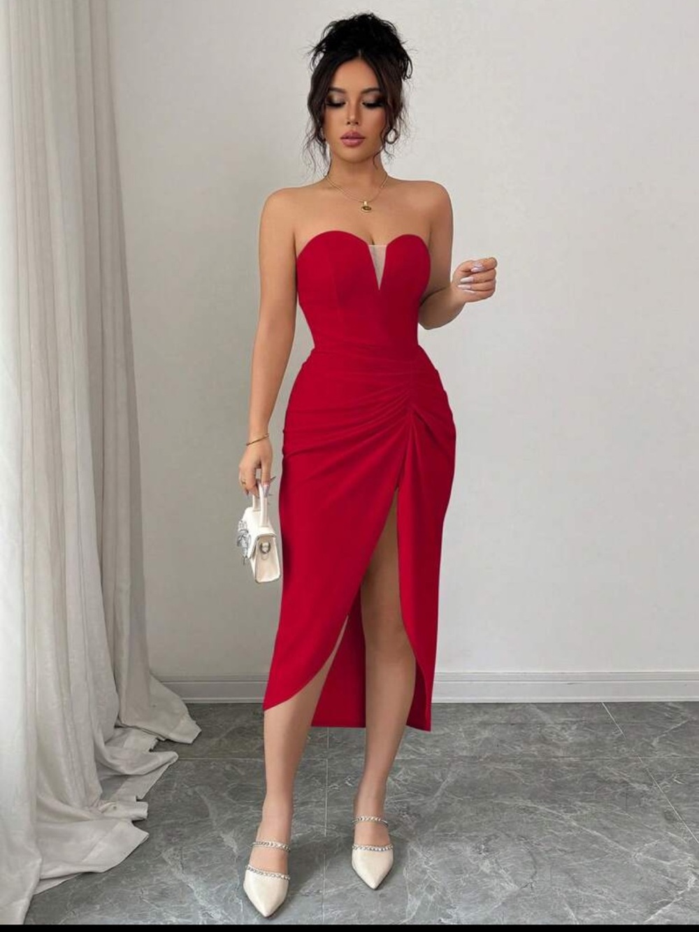 Love in Paris Red Ruched Midi Dress NEW 🏷️